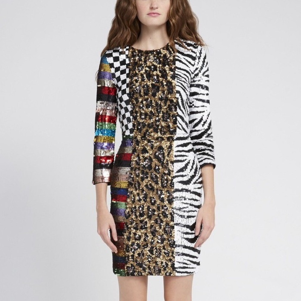 ALICE + OLIVIA Jaye Sequin Mixed-Print Mini Dress Checker Zebra Leopard Rainbow